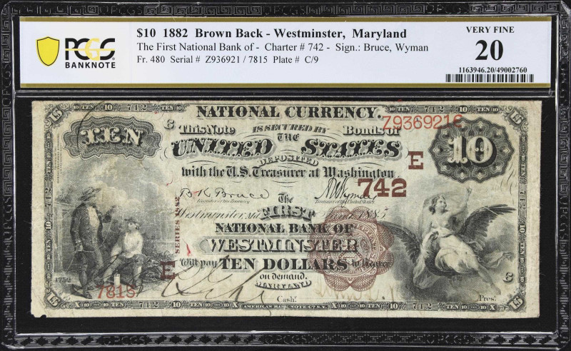 Westminster, Maryland. $10 1882 Brown Back. Fr. 480. The First NB. Charter #742....