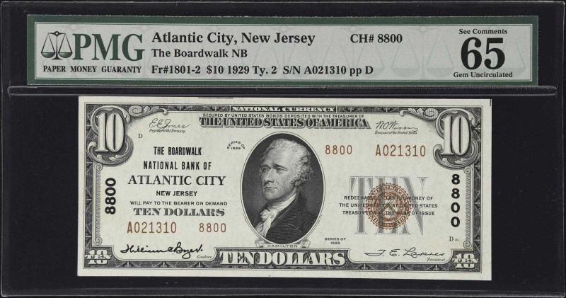 Atlantic City, New Jersey. $10 1929 Ty. 2. Fr. 1801-2. The Boardwalk NB. Charter...