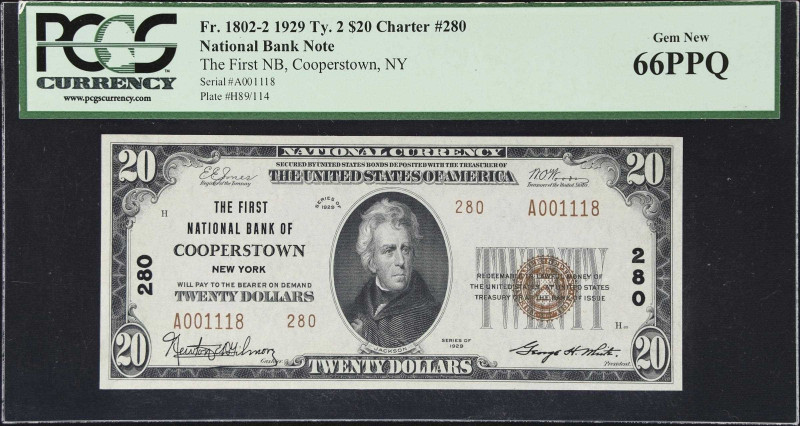 Cooperstown, New York. 1929 Ty. 2 $20 Fr. 1802-2. The First NB. Charter #280. PC...