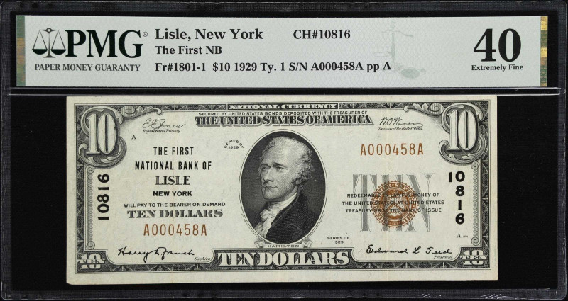 Lisle, New York. 1929 Ty. 1 $10. Fr. 1801-1. The First NB. Charter #10816. PMG E...