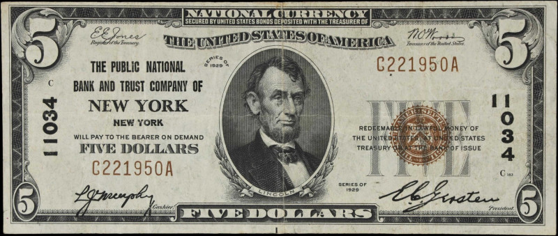 New York, New York. 1929 Ty. 1 $5 Fr. 1800-1. The Public NB & TC. Charter #11034...