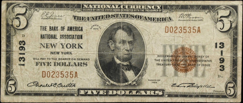 New York, New York. 1929 Ty. 1 $5 Fr. 1800-1. The Bank of America National Assoc...