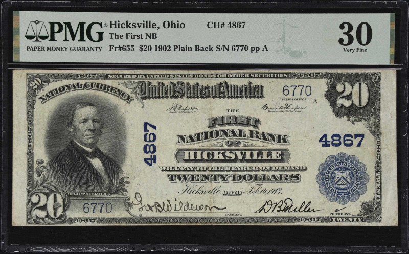 Hicksville, Ohio. $20 1902 Plain Back. Fr. 655. The First NB. Charter #4867. Ver...