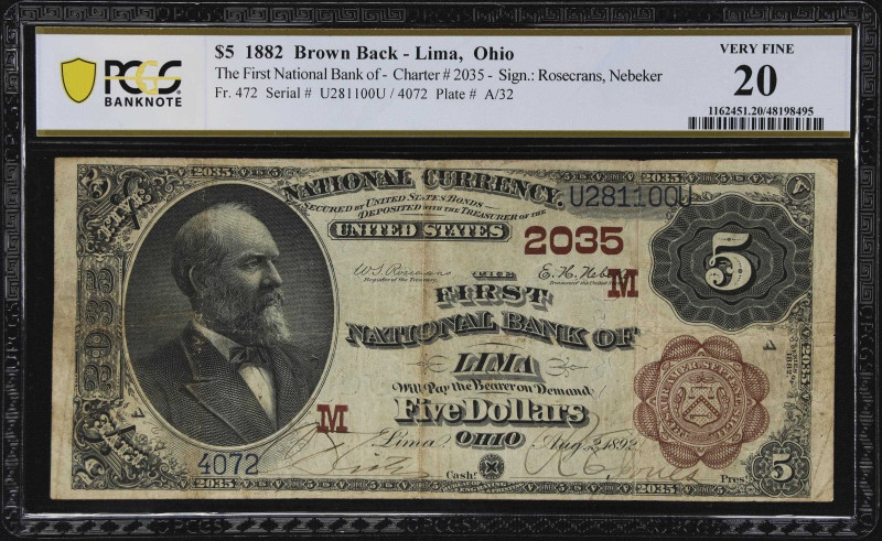 Lima, Ohio. $5 1882 Brown Back. Fr. 472. The First NB. Charter #2035. PCGS Bankn...