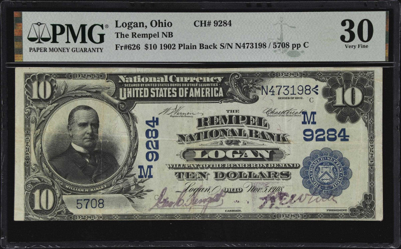 Logan, Ohio. $10 1902 Plain Back. Fr. 626. The Rempel NB. Charter #9284. PMG Ver...