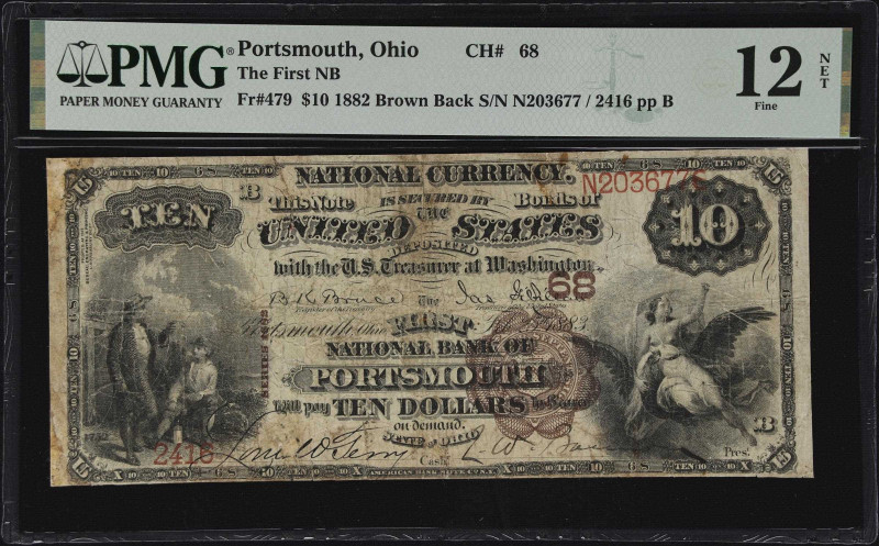 Portsmouth, Ohio. $10 1882 Brown Back. Fr. 479. The First NB. Charter #68. PMG F...