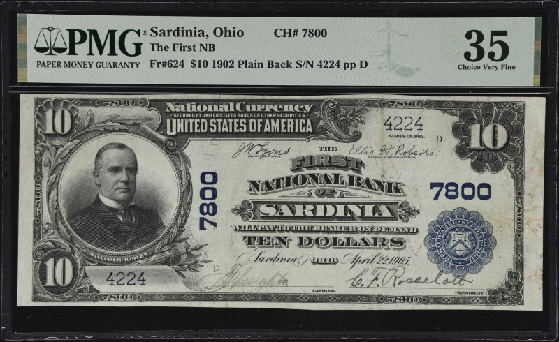 Sardinia, Ohio. $10 1902 Plain Back. Fr. 624. The First NB. Charter #7800. PMG C...