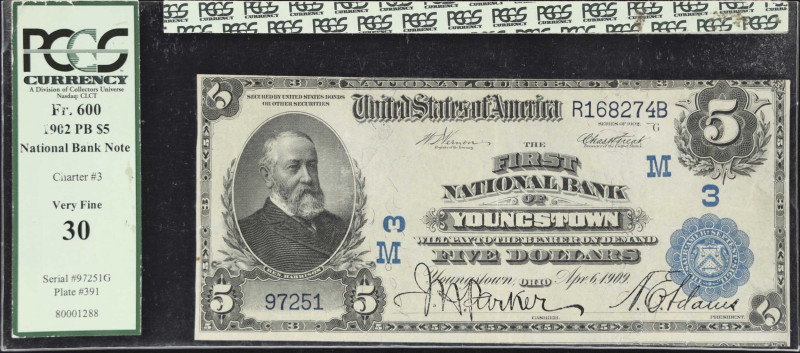 Youngstown, Ohio. $5 1902 Plain Back. Fr. 600. The First NB. Charter #3. PCGS Cu...