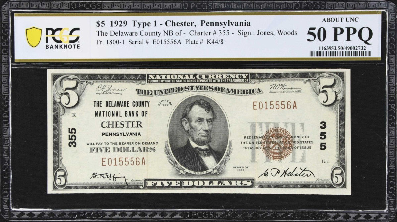 Chester, Pennsylvania. $5 1929 Ty. 1. Fr. 1800-1. The Delaware County NB. Charte...