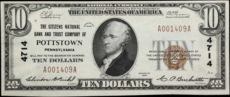 Pottstown, Pennsylvania. $10 1929 Ty. 1. Fr. 1801-1. The Citizens NB & TC. Chart...