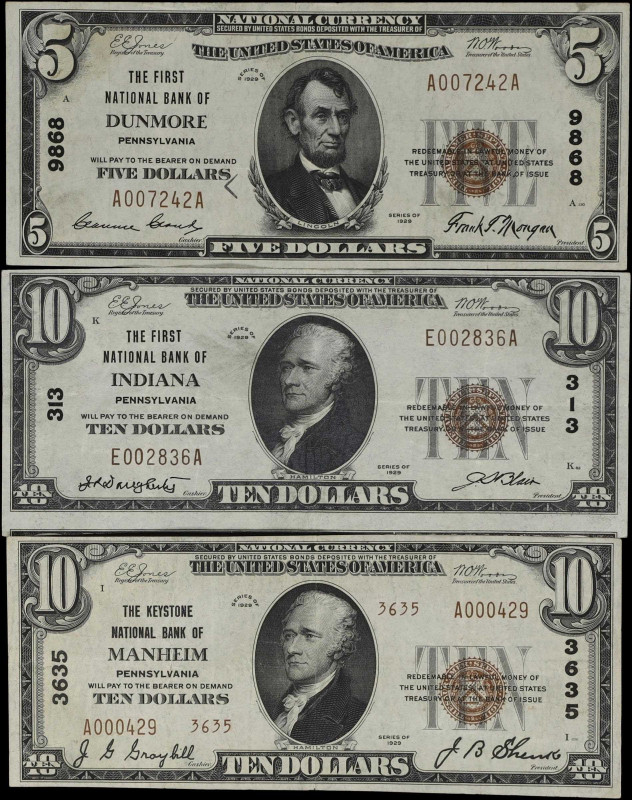 Lot of (3) Pennsylvania National Bank Notes. $5 & $10 1929 Ty. 1 & Ty. 2. Fr. 18...