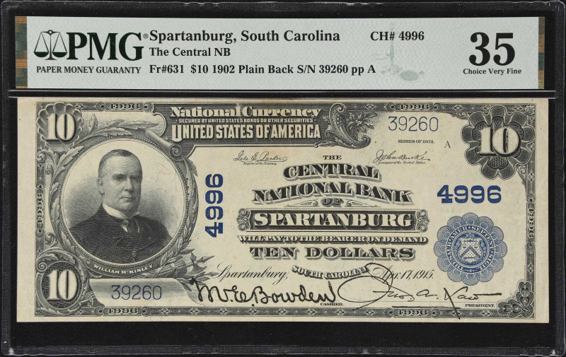 Spartanburg, South Carolina. $10 1902 Plain Back. Fr. 631. The Central NB. Chart...