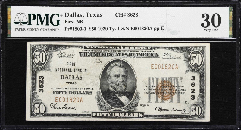 Dallas, Texas. $50 1929 Ty. 1. Fr. 1803-1. The First NB. Charter #3623. PMG Very...