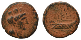 PHOENICIA. Tyre. Pseudo-autonomous issue. Ae (bronze, 2.31 g, 13 mm). Turreted, veiled and draped bust of Tyche right. Rev. Galley left. Nearly very f...