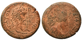 MESOPOTAMIA. Edessa. Septimius Severus with Abgar VIII, 192. Ae (bronze, 7.83 g, 24 mm). Bare head of Septimius Severus to right. Rev. Diademed and dr...