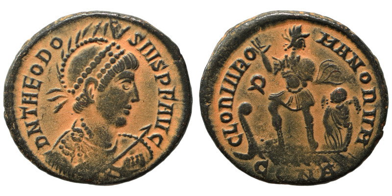 Theodosius I, 379-395. Follis (bronze, 5.17 g, 22 mm), Constantinople. Pearl-and...