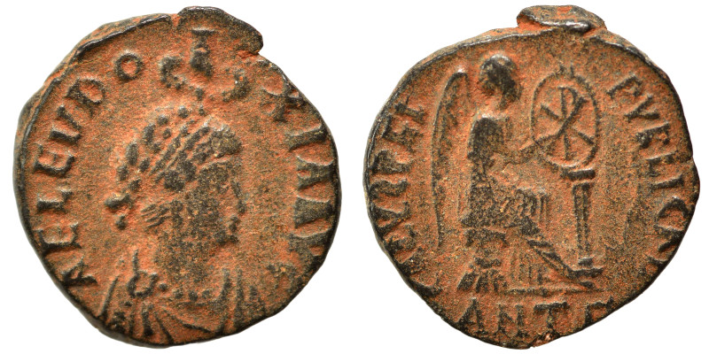 Aelia Eudoxia, 400-404. Follis (bronze, 2.09 g, 15 mm), Antioch. AEL EVDOXIA AVG...