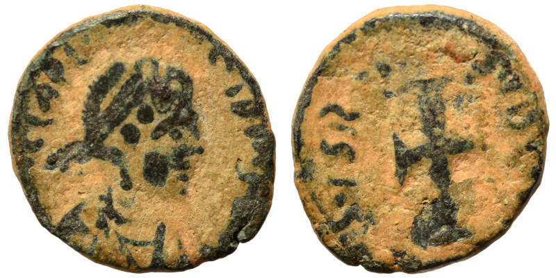 Galla Placidia, 425-435. Ae (bronze, 0.82 g, 11 mm), Rome. [D N GA]LLA PL[A-C]ID...