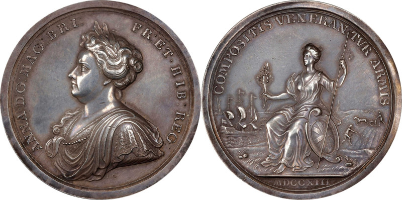 1713 Peace of Utrecht Medal. Silver, 58 mm. Eimer-458, MI 399/256. SP-55 (PCGS)....