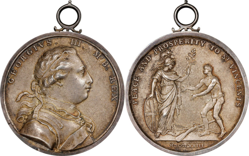 1773 Carib War Medal. Betts-529. Cast silver with joined rim and integral loop, ...