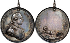 (Ca. 1777) George III Lion and Wolf Indian Peace Medal. Betts-535, Adams 10.1, Dies 1-A. Silver, 61 mm. AU-55 (PCGS).

836.1 grains. Original decora...