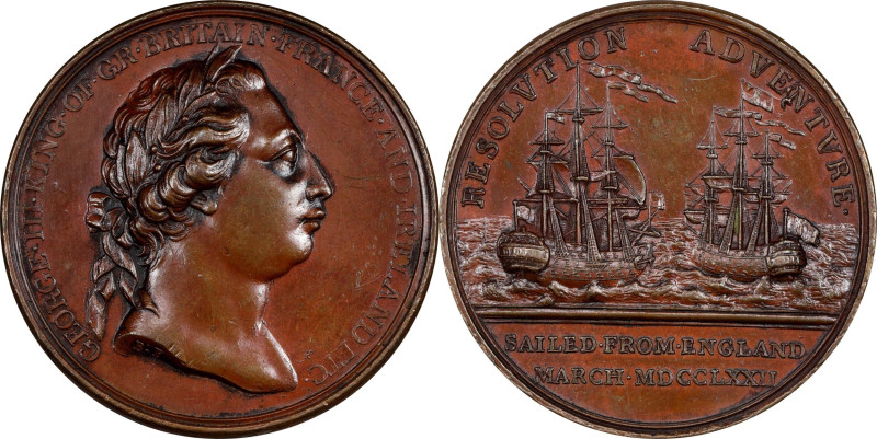 1772 Captain Cook / Resolution and Adventure Medal. Betts-552. Bronzed copper, 4...