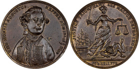 1779 Admiral Keppel Vindicated Medal. Betts-564. Pinchbeck, 34 mm. MS-61 (PCGS).

268.0 grains. Dark olive brown with vestiges of the golden mint co...
