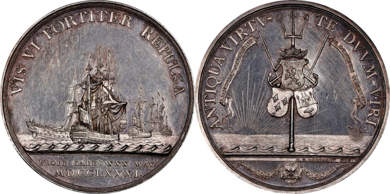 1781 Dutch Naval Victory at Cadiz Medal. Betts-583. Silver, 45 mm. MS-62 (PCGS)....