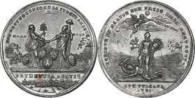 1783 Treaty of Paris Medal. Betts-610. White metal with copper scavenger, 43 mm. AU-58 (PCGS).

417.9 grains. Light silver gray with good remaining ...