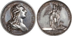 1783 Treaty of Versailles Medal. Betts-612. Silver, 42 mm. AU-55 (PCGS).

480.4 grains. Handsome and even deep gray with exceptional originality and...