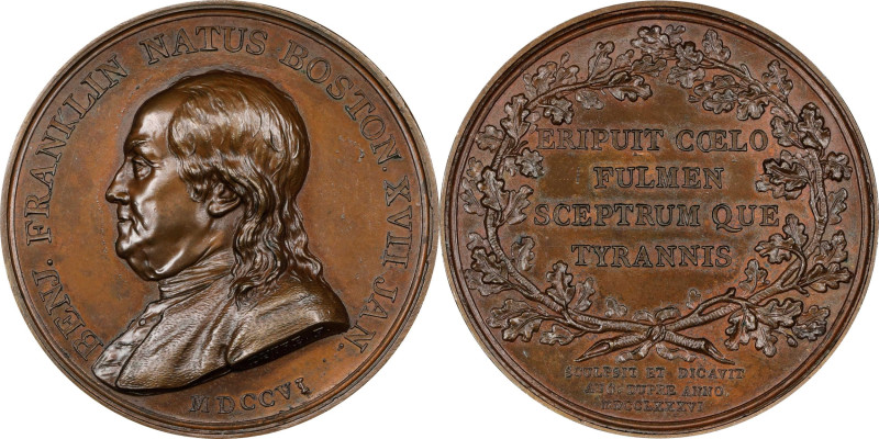 1786 Benjamin Franklin Natus Boston Medal. Betts-620. Bronze, 46 mm. MS-63 BN (P...