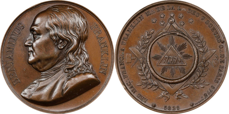 1829 Benjamin Franklin / Lodge of the Nine Sisters Medal. Fuld FR.M.MA.1. Bronze...