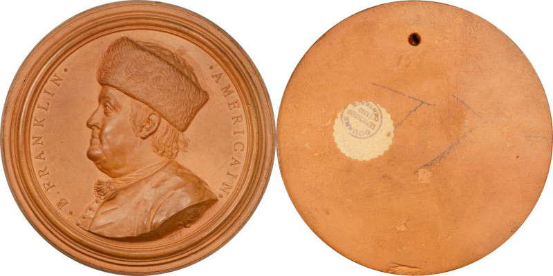 1777 B. Franklin Américain Portrait Medallion. Fur Cap without Spectacles. By Je...