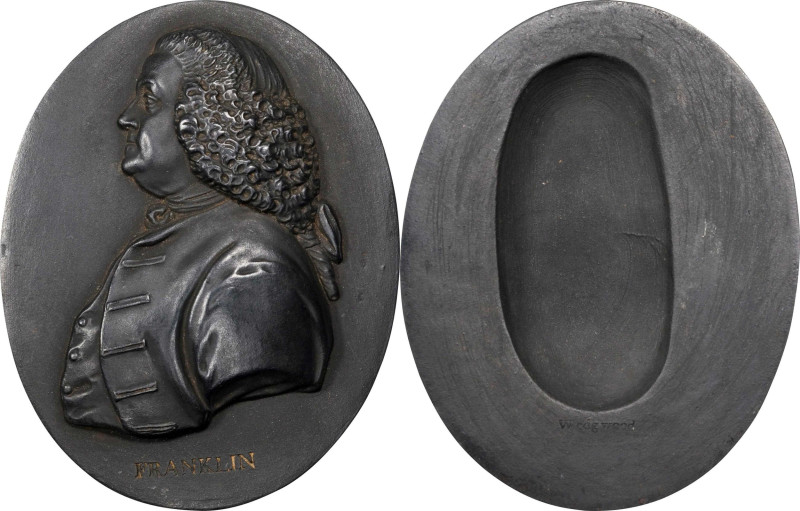 (Ca. early 1780s) Benjamin Franklin portrait medallion by Wedgwood. Black basalt...