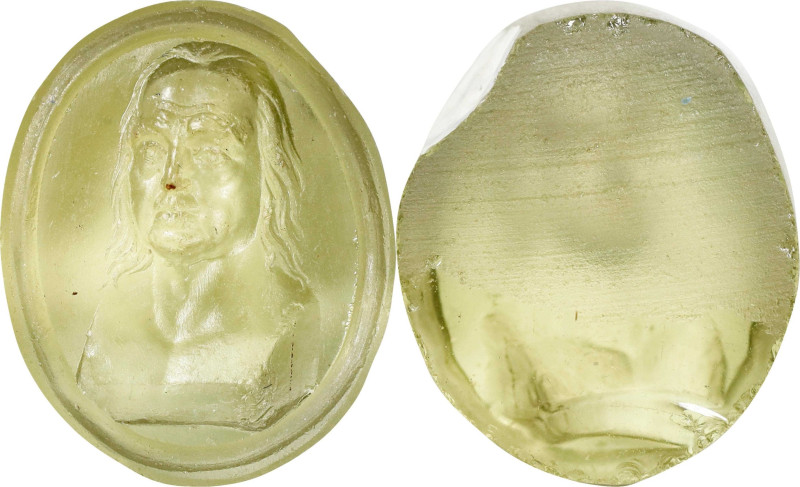 (Ca. 1790) Benjamin Franklin portrait intaglio by Tassie (?). Pale green glass p...