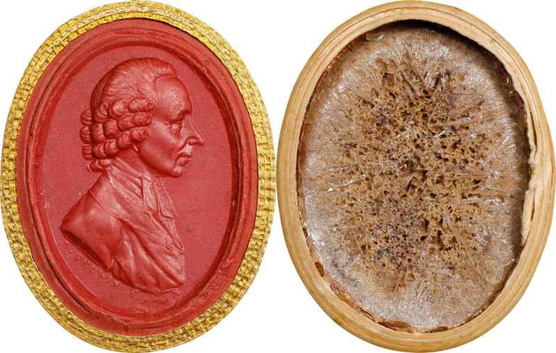 (Ca. 1780s) Dr. Joseph Priestley portrait cameo by Tassie. Red sulphur in gilt c...