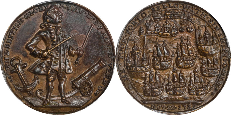 1739 Admiral Vernon Medal. Porto Bello with Vernon's Portrait and Icons. Adams-C...