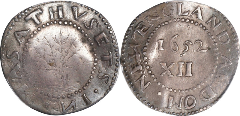 1652 Oak Tree Shilling. Noe-10, Salmon 8-F, W-510. Rarity-6. IN at Bottom, Ghost...