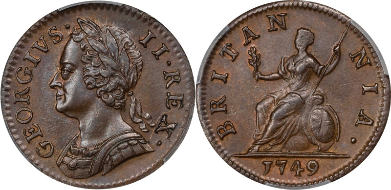 1749 George II Farthing. Spink-3722, KM-581.2. MS-65 BN (PCGS).

The farthing ...