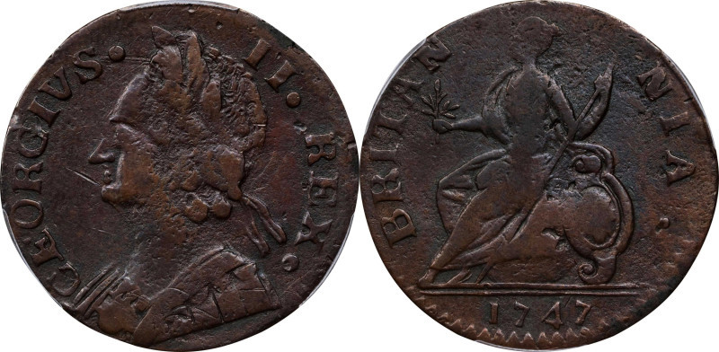 1747 Machin's Mills Halfpenny. Vlack 1-47A, W-7660. Rarity-5. GEORGIVS II, Group...