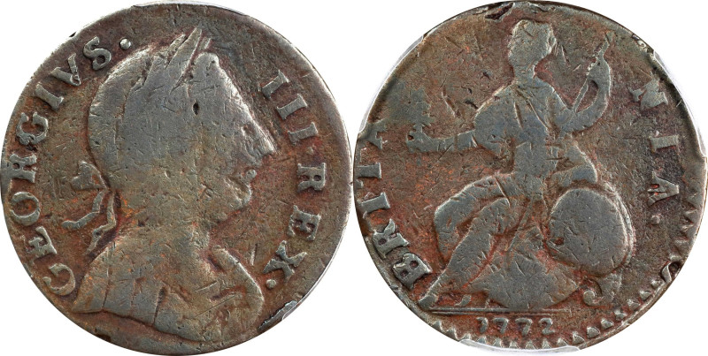 1772 Machin's Mills Halfpenny. Vlack 5-72A, W-7710. Rarity-6. GEORGIVS III, Grou...