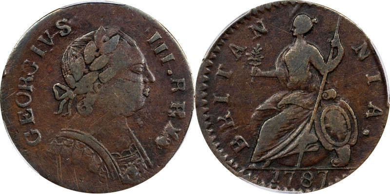 1787 Machin's Mills Halfpenny. Vlack 19-87C, W-7940. Rarity-2. GEORGIVS III, Gro...