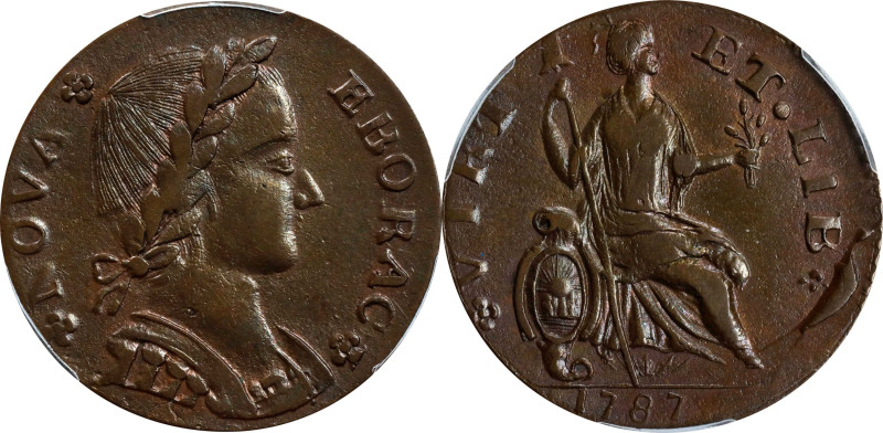 1787 Nova Eborac Copper. W-5760. Rarity-3. Medium Bust, Seated Figure Right. AU-...