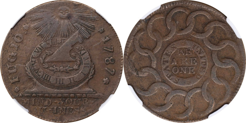 1787 Fugio Cent. Pointed Rays. Newman 13-X, W-6855. Rarity-1. STATES UNITED, 4 C...