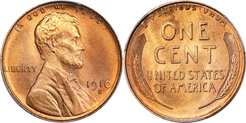 1910-S Lincoln Cent. MS-67 RD (PCGS).

Gorgeous pinkish-orange surfaces retain...