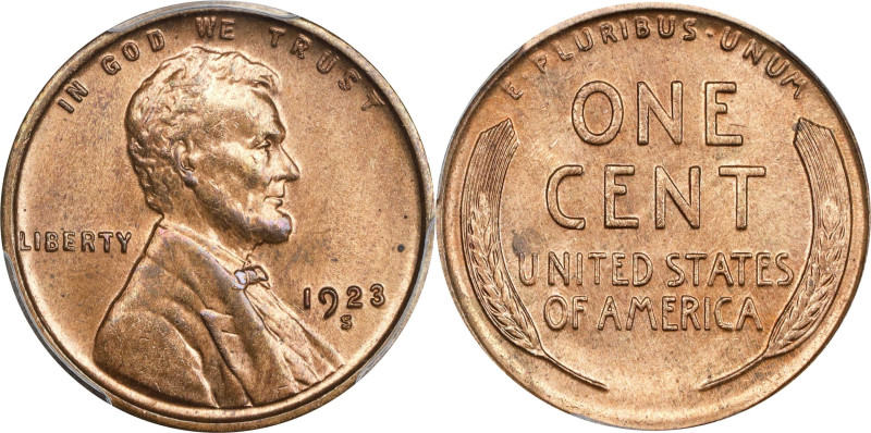 1923-S Lincoln Cent. MS-65 RD (PCGS).

With bold full detail throughout the de...