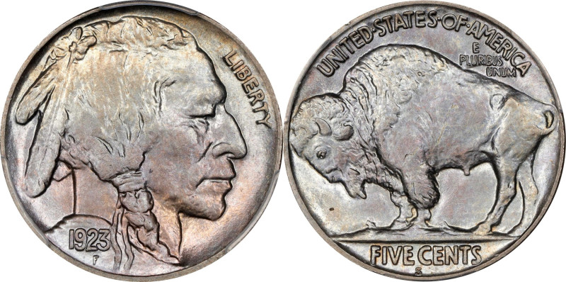 1923-S Buffalo Nickel. MS-65+ (PCGS).

A seamless blend of champagne-gold, pow...