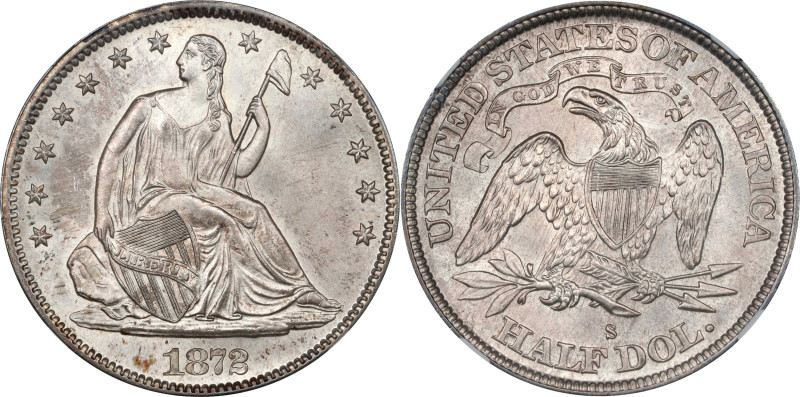 1872-S Liberty Seated Half Dollar. WB-3. Rarity-3+. Medium-Small S. MS-66 (NGC)....