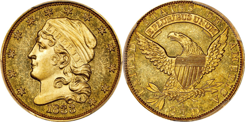 1833 Capped Head Left Quarter Eagle. BD-1, the only known dies. Rarity-5. MS-63 ...