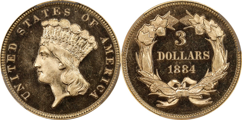 1884 Three-Dollar Gold Piece. JD-1, the only known dies. Rarity-4+. Proof-66 Cam...